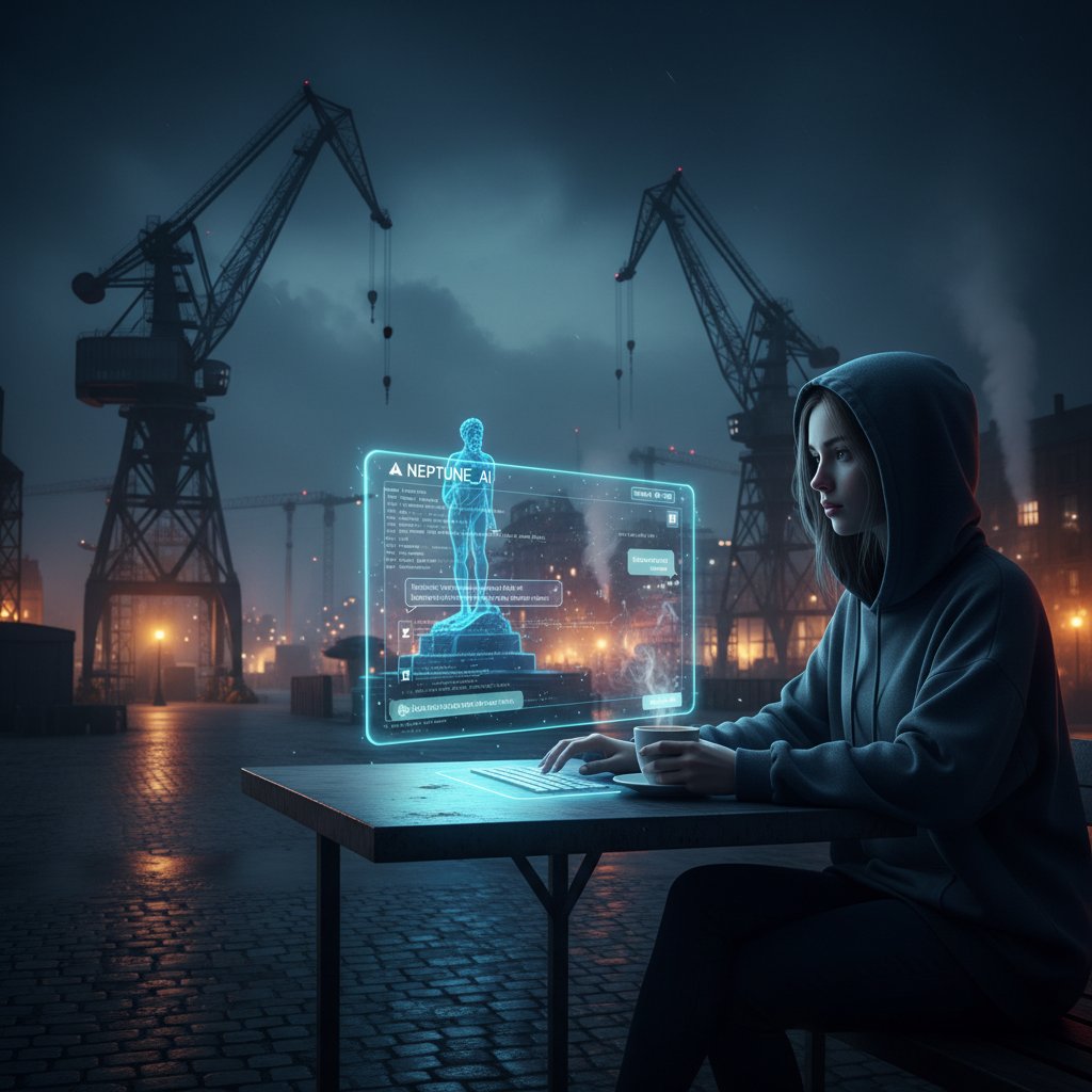 Młoda kobieta w kapturze rozmawiająca z interfejsem AI na tle nocnej stoczni gdańskiej