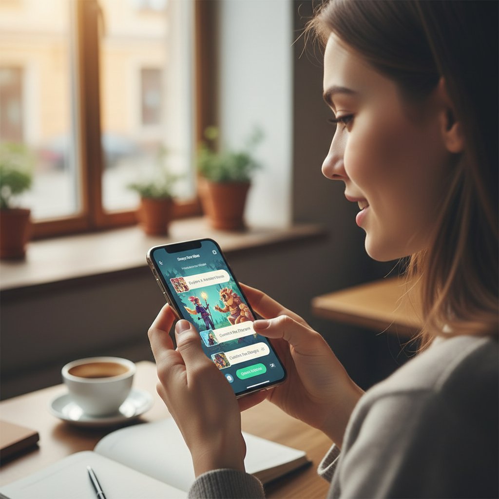 Młoda kobieta wybierająca ścieżkę w interaktywnej aplikacji narracyjnej
