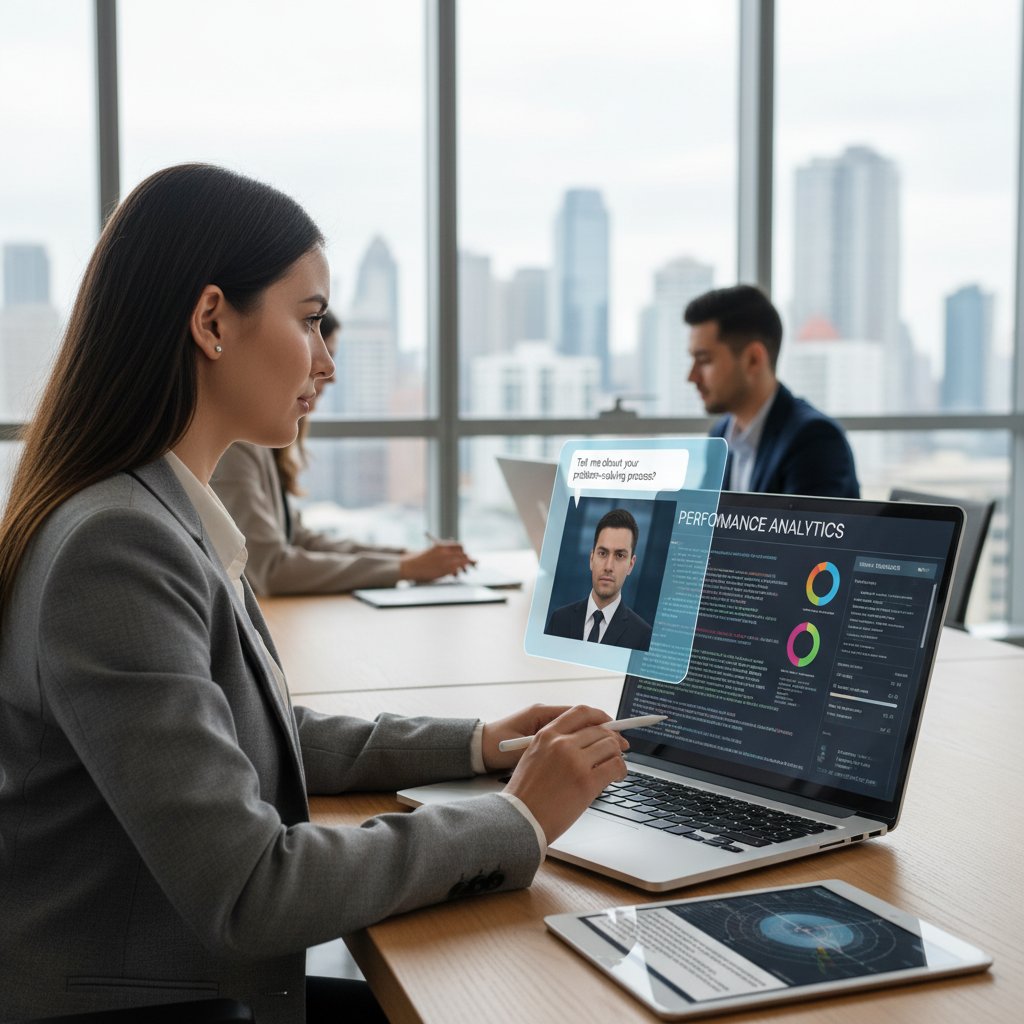 Zdjęcie młodej kobiety analizującej raport symulacji rozmowy kwalifikacyjnej na laptopie