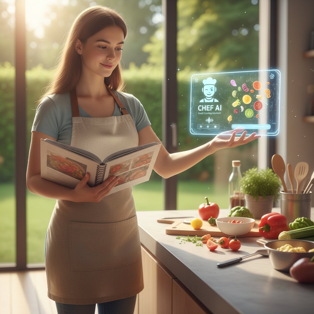 Młoda kobieta w kuchni z tabletem i AI asystentem, wokół tradycyjne książki kucharskie i nowoczesne sprzęty