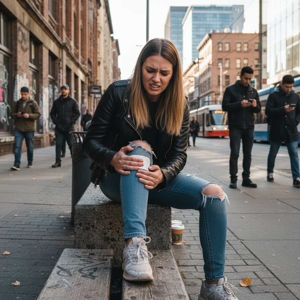 Młoda kobieta z bólem kolana na miejskiej ulicy, wyrażająca zaskoczenie i frustrację