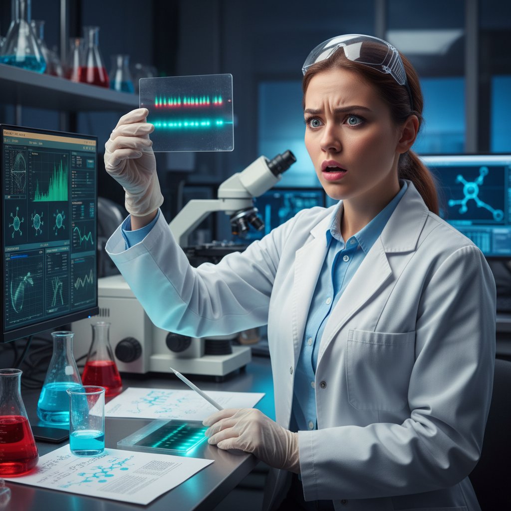 Młoda kobieta w laboratorium, z zaskoczonym wyrazem twarzy, patrząca na wyniki badań, symbolizująca szok i niepewność