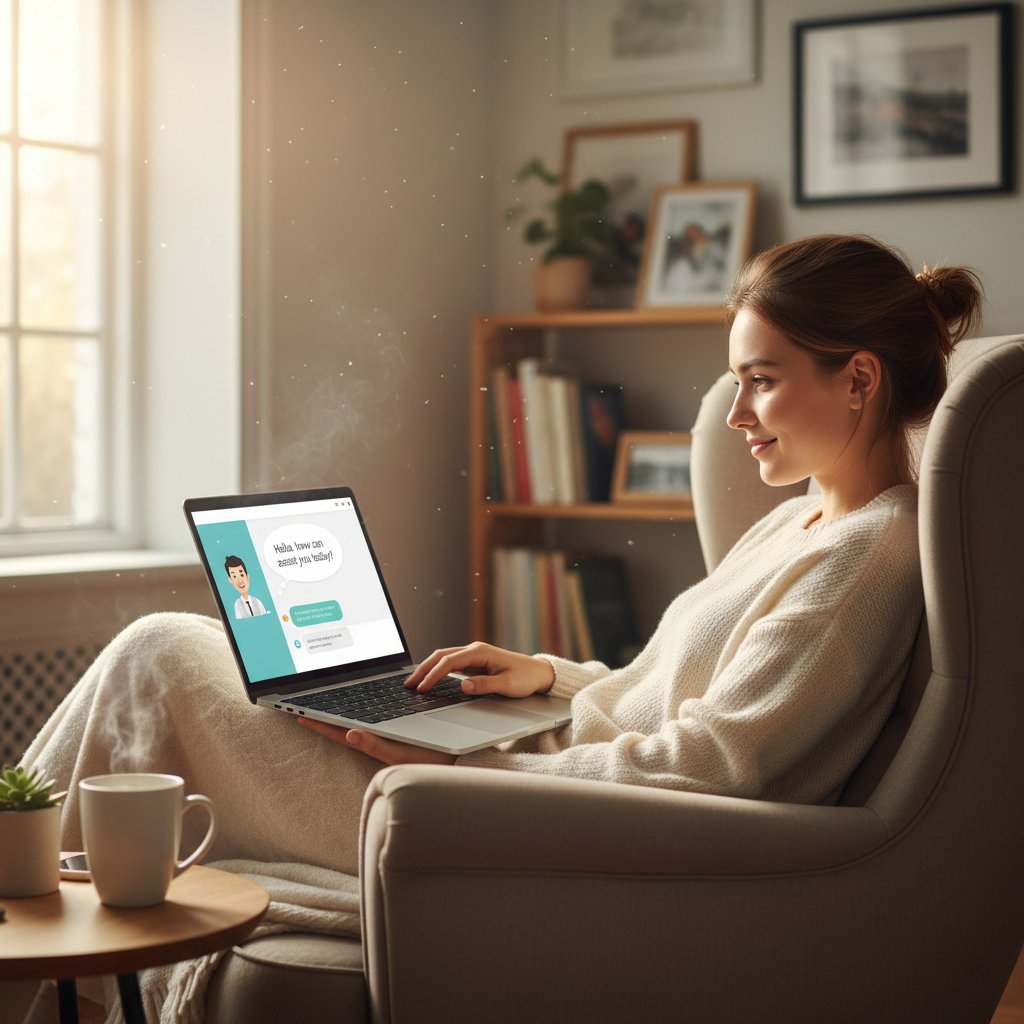 Młoda kobieta z laptopem, uśmiechnięta i zrelaksowana przy rozmowie z AI
