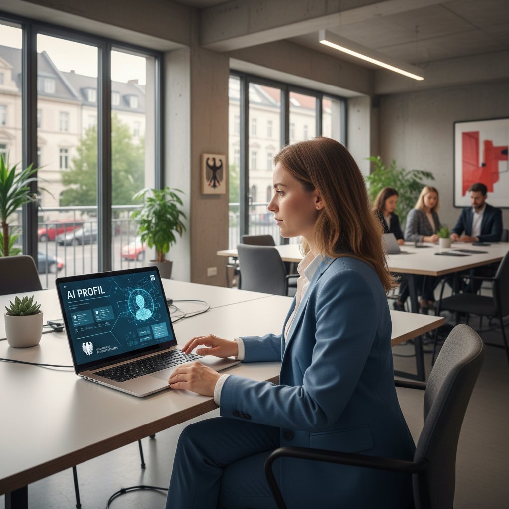 Junge Frau arbeitet am Laptop an KI-Profil in deutscher Umgebung, symbolisiert geliebte.ai und die deutsche KI-Szene