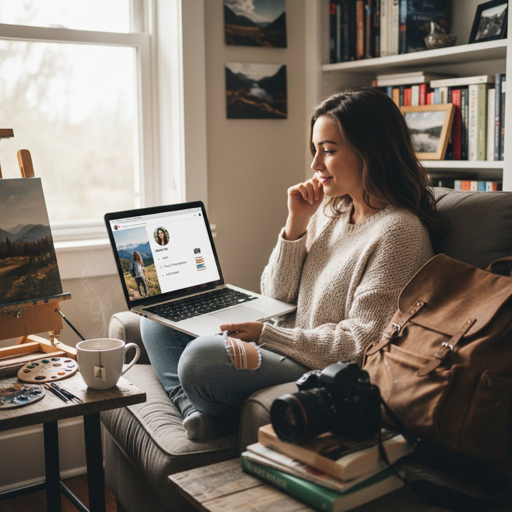 Młoda kobieta tworząca swój profil online, uśmiechnięta przed laptopem, otoczona przedmiotami związanymi z hobby – obrazek symbolizujący autentyczne przedstawienie się
