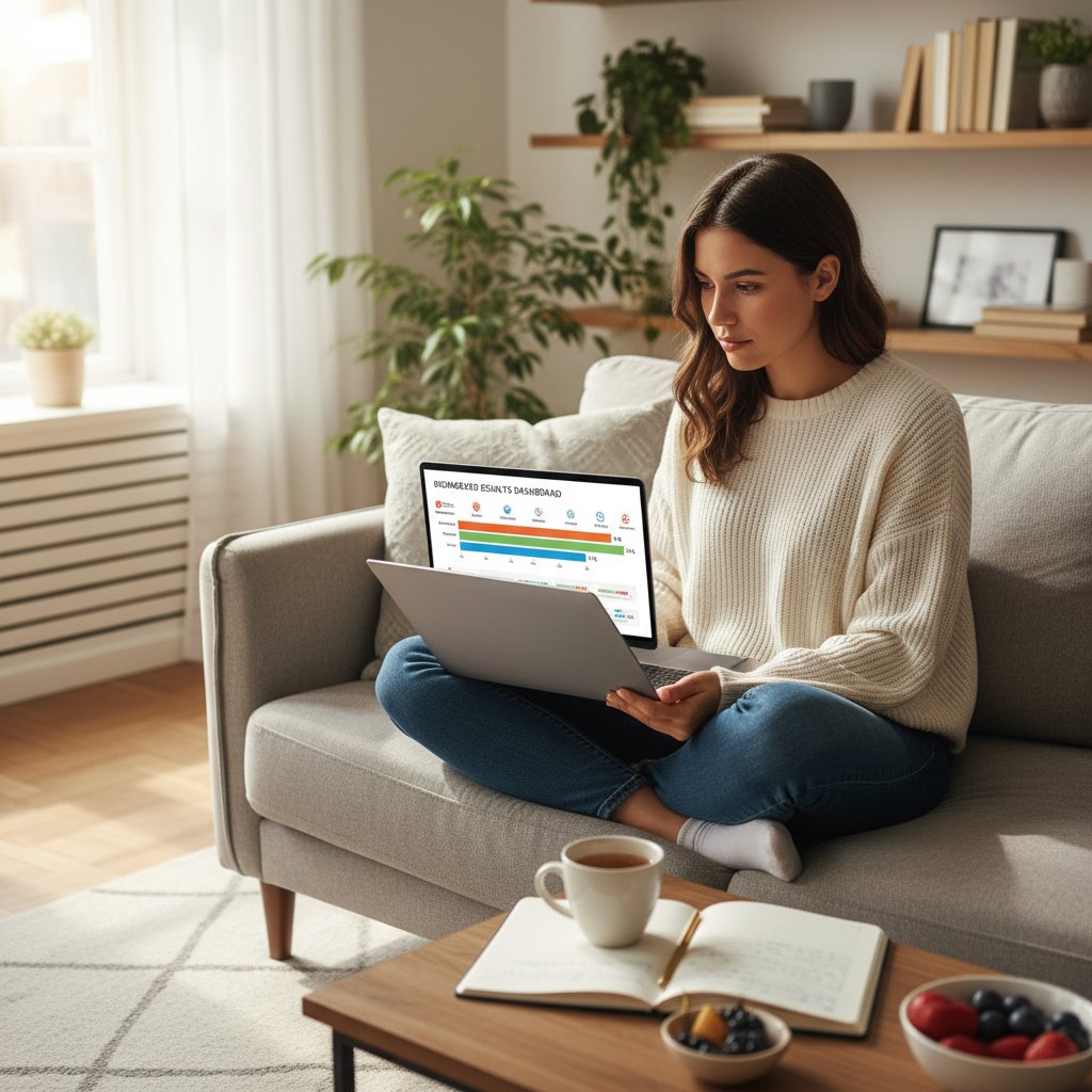 Młoda kobieta analizująca swoje wyniki biomarkerów przy laptopie, biomarkery codzienność kobiety