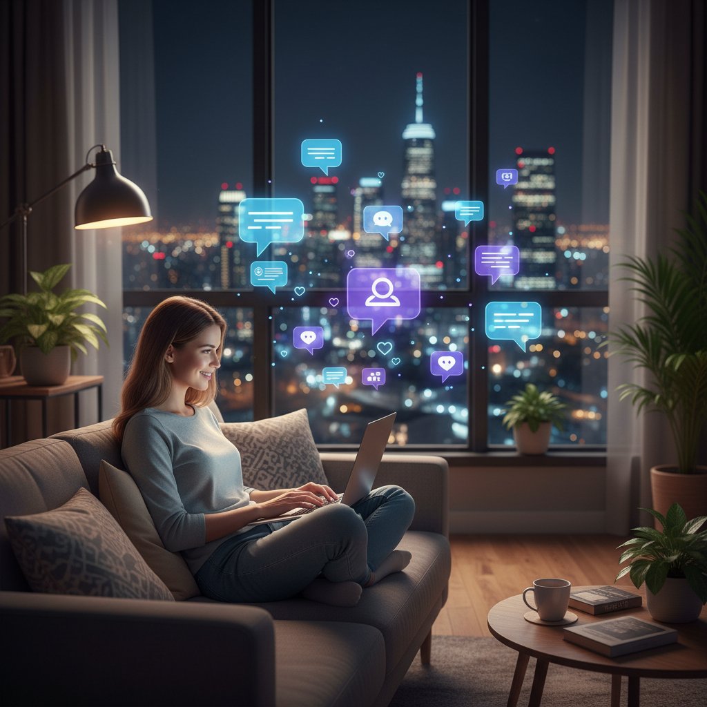 Junge Frau sitzt nachts allein mit Laptop, Chatblasen leuchten – Thema Online Freundin Chat