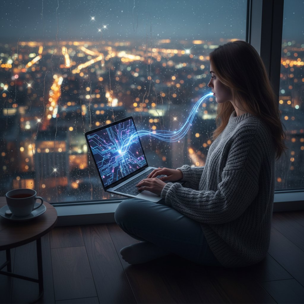 Junge Frau sitzt alleine am Laptop, sanftes Licht, Symbol für digitale Nähe und Einsamkeit