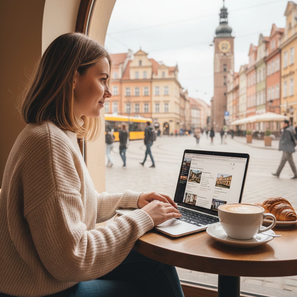 Młoda kobieta korzystająca z laptopa przy kawie, wyszukuje pensjonaty we Wrocławiu
