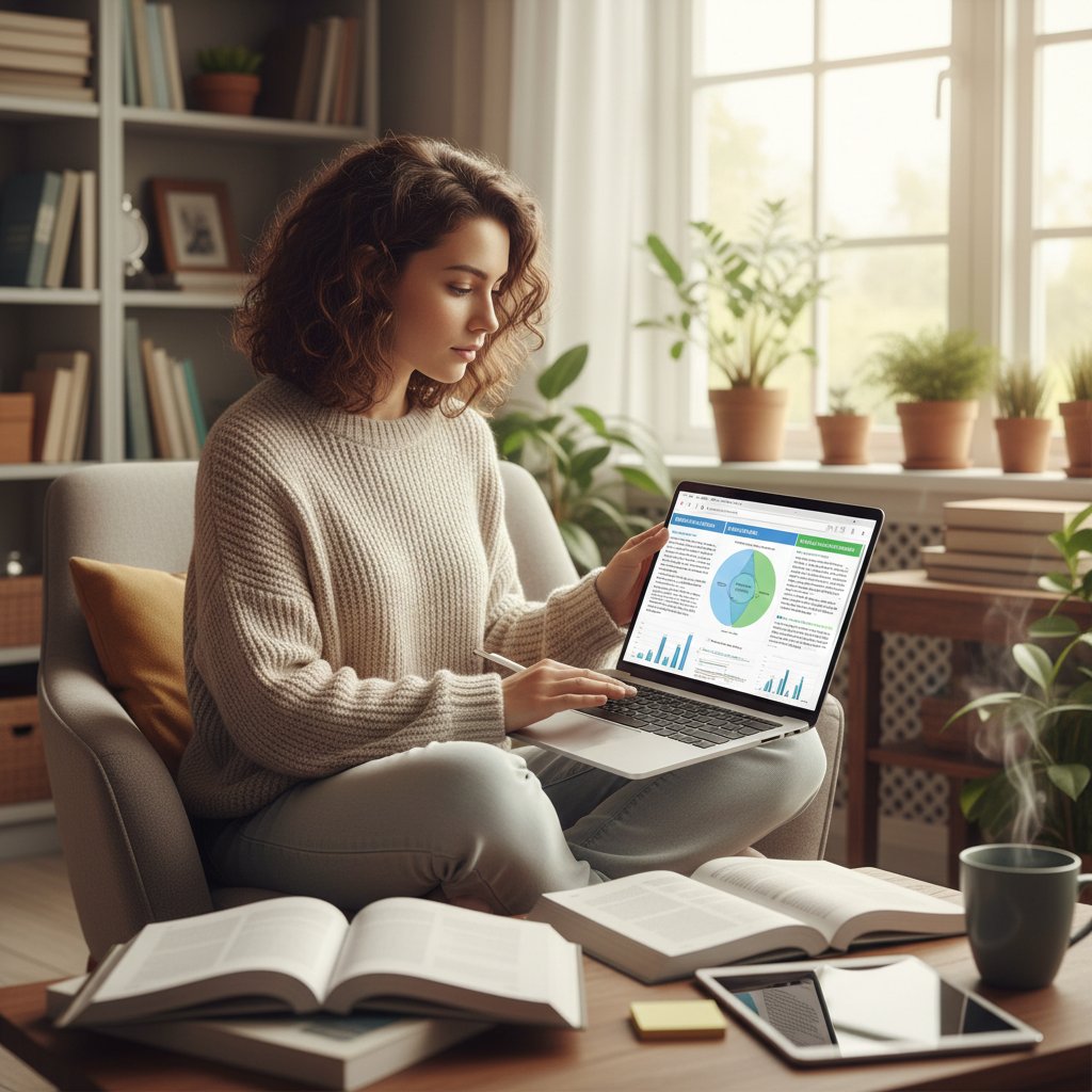Młoda kobieta porównuje dwa artykuły zdrowotne na laptopie, jeden rzetelny, drugi sensacyjny, atmosfera analizy i skupienia