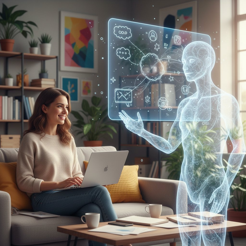 Młoda kobieta uśmiecha się przed laptopem, prowadząc kreatywną rozmowę online