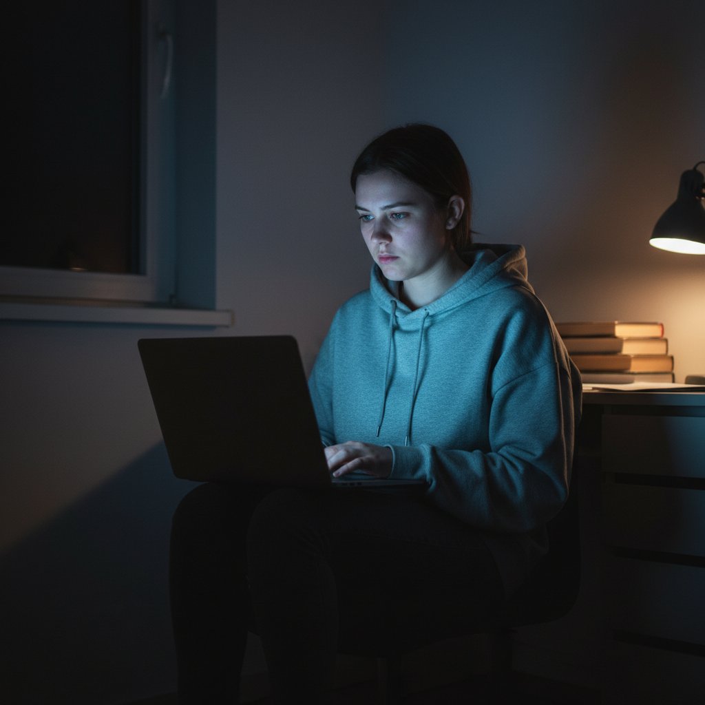Junge Frau vor Laptop in abgedunkeltem Zimmer, Thema Isolation und digitale Hilfe