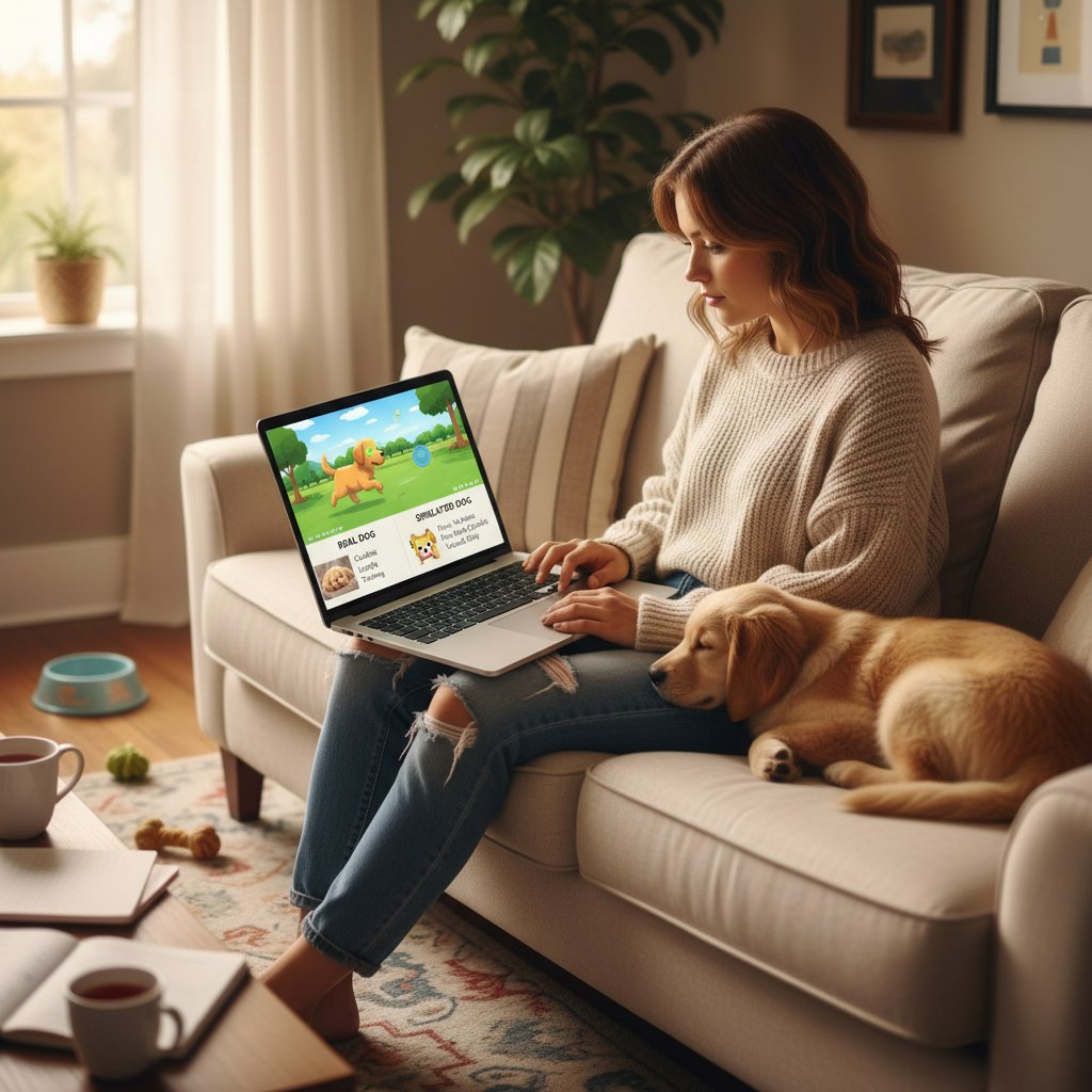 Młoda kobieta porównująca różne symulatory hodowli psów na laptopie w kawiarni