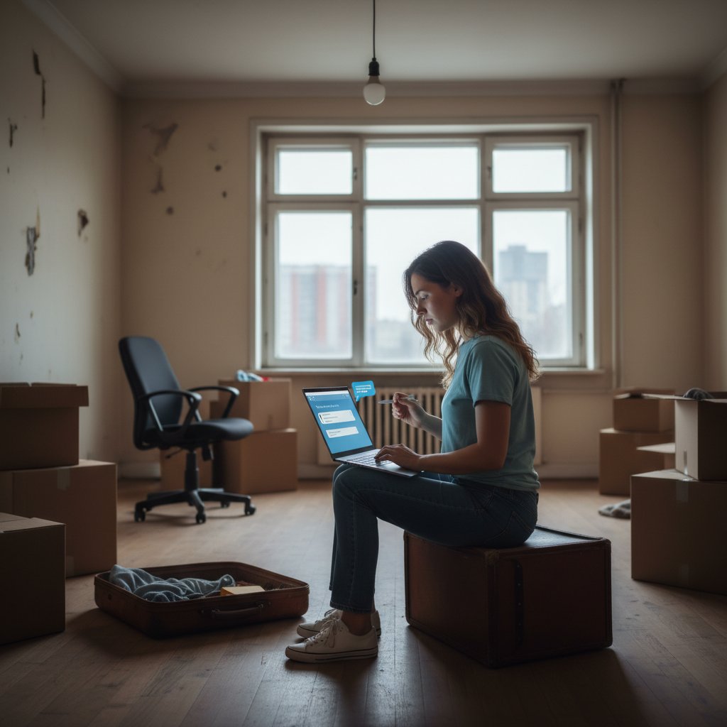 Junge Frau mit Laptop in leerer Wohnung – Symbolbild für Jobverlust und digitale Unterstützung