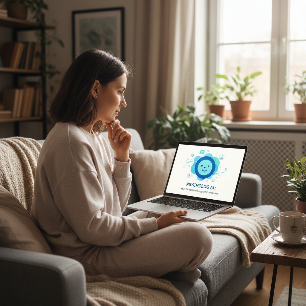 Młoda kobieta korzystająca z laptopa i psycholog.ai w domowym zaciszu