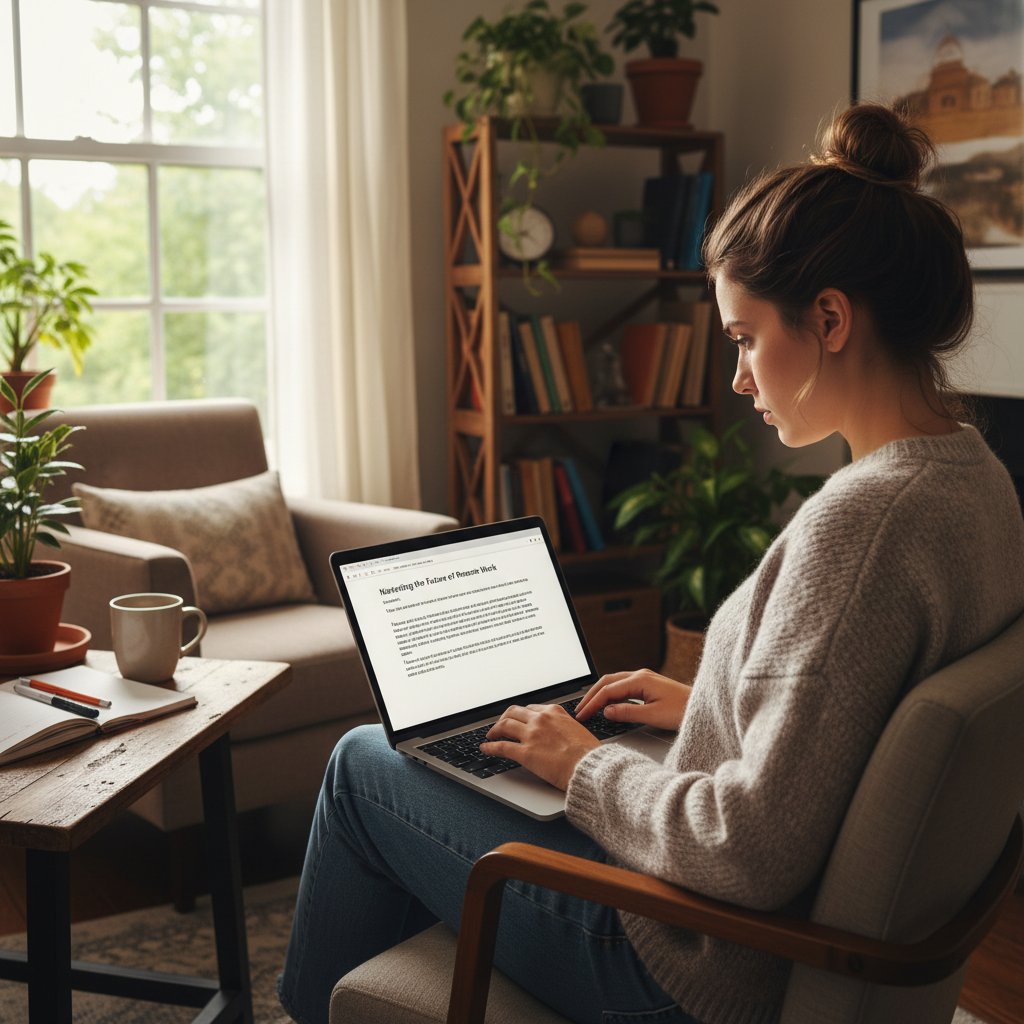 Młoda kobieta przy laptopie w domowym biurze, skupiona na pisaniu artykułu, naturalne światło