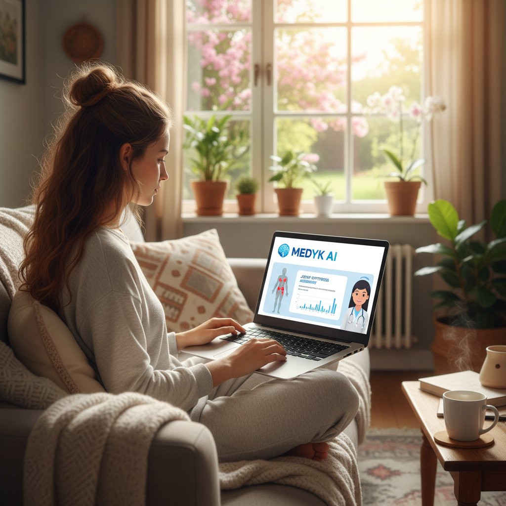 Młoda kobieta korzystająca z platformy medyk.ai na laptopie w domowym zaciszu, szukająca informacji o sztywności stawów