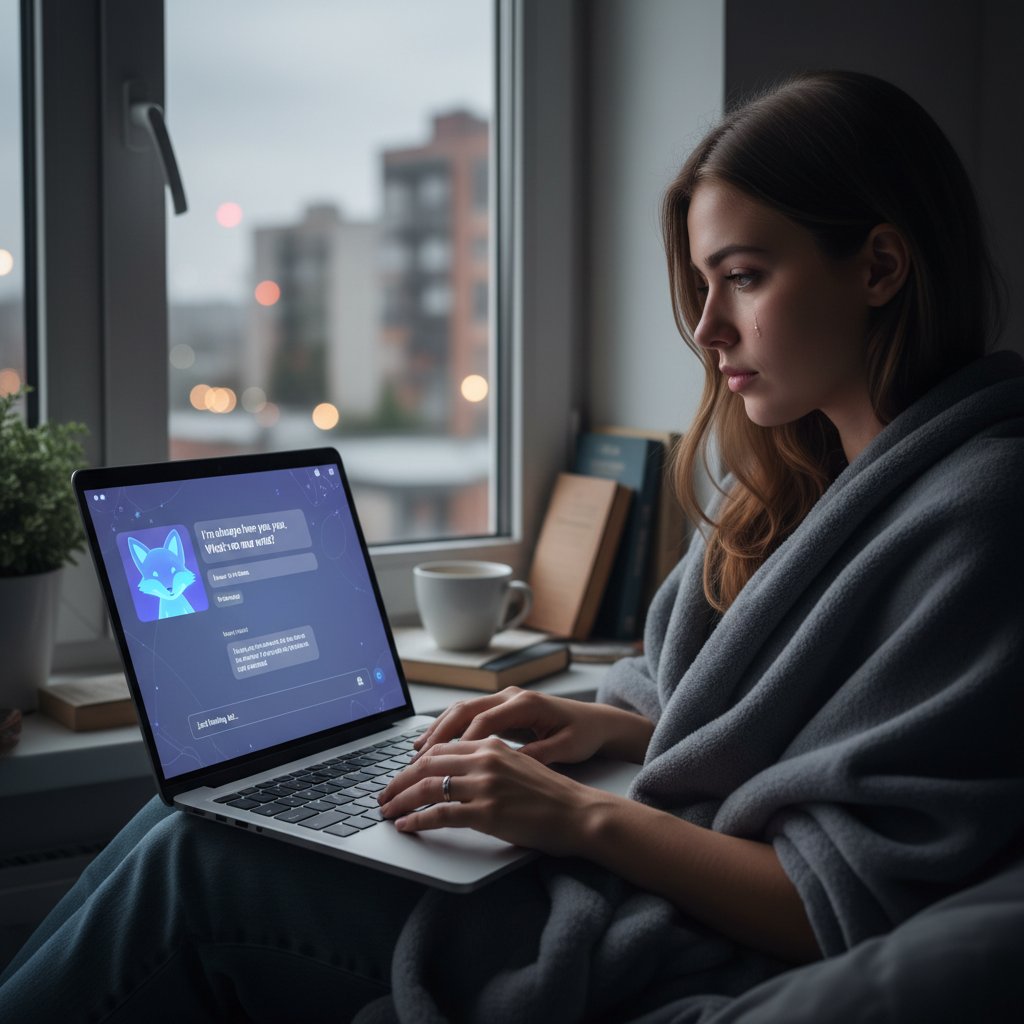 Junge Frau sitzt nachts am Laptop, leicht melancholisch, Chatfenster mit KI-Begleiterin offen – Digitale Beziehung, Emotionen