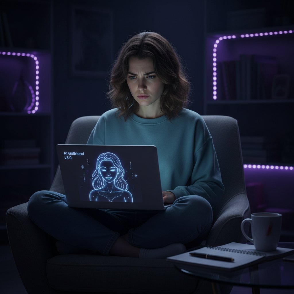 Junge Frau chattet nachts mit KI-Freundin am Laptop, schwaches Licht, Nachdenklichkeit