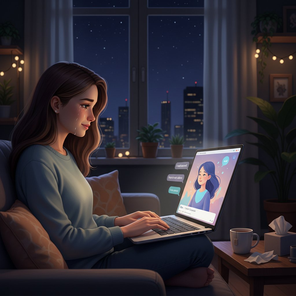 Junge Frau sitzt nachts an einem Laptop und chattet mit KI, symbolisiert digitale Begleiterin für emotionale Unterstützung