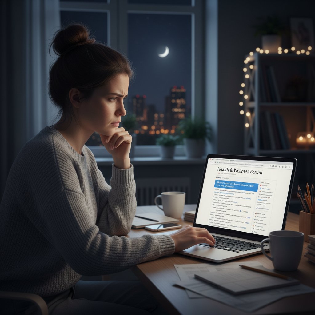 Młoda kobieta z niedowierzaniem patrzy w ekran laptopa, przeglądając fora zdrowotne, w tle lekkie światło nocne