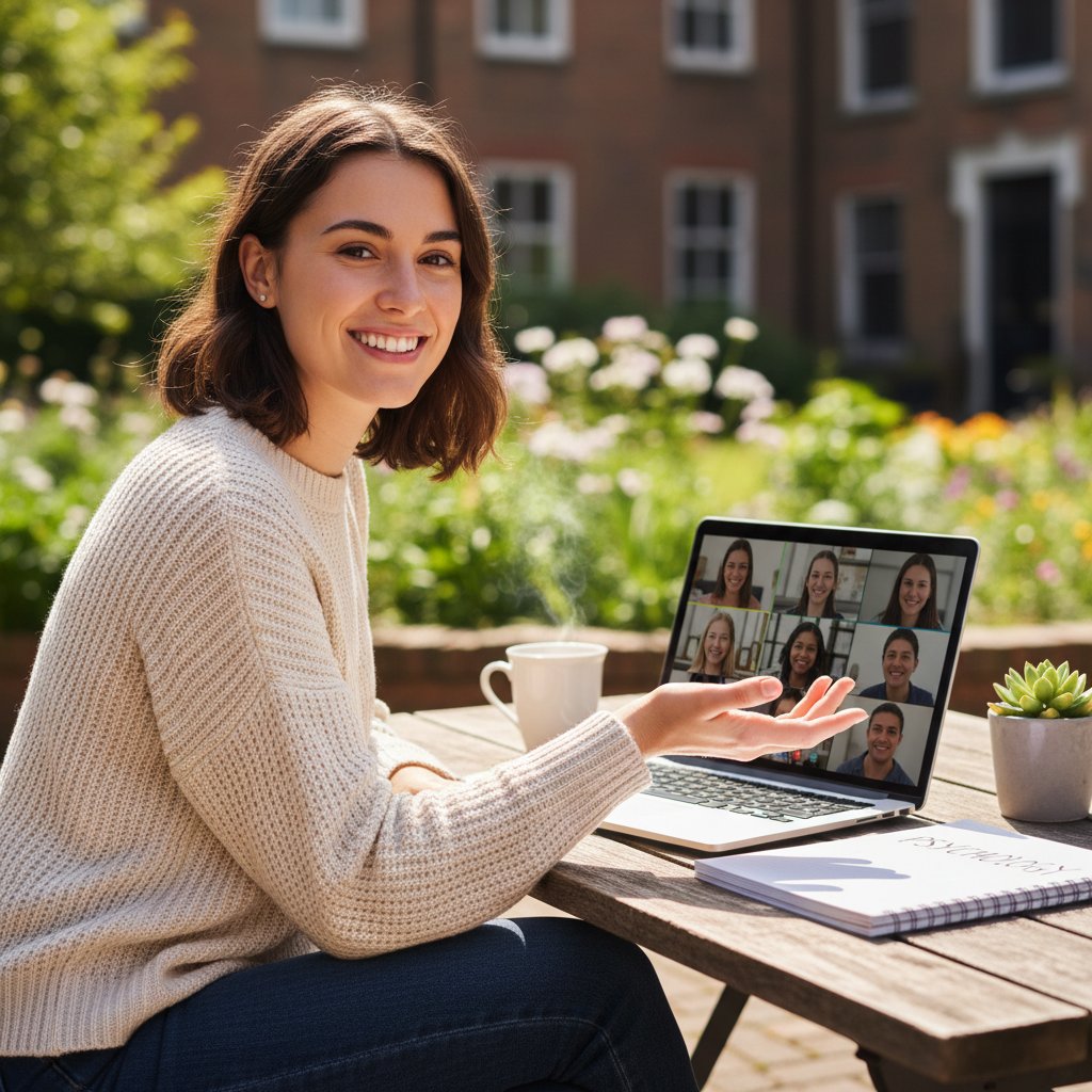 Ujęcie młodej kobiety korzystającej z laptopa i uśmiechającej się po otrzymaniu wsparcia online