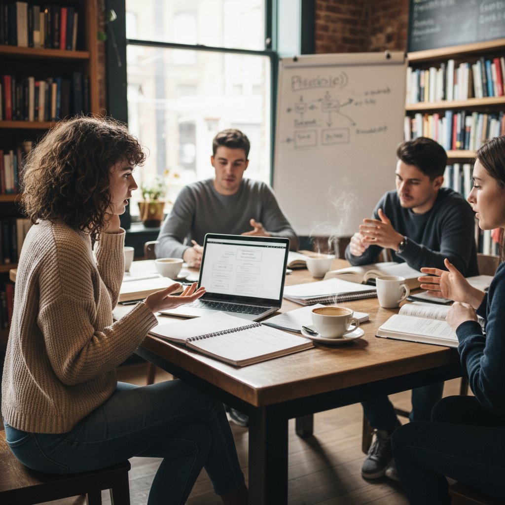 Młoda kobieta z laptopem, uśmiechnięta, wokół notatki i kubek kawy, w tle otwarta grupa dyskusyjna
