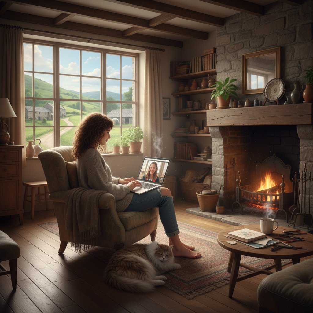 Młoda kobieta korzystająca z laptopa w wiejskim domu, otoczona książkami i notatkami