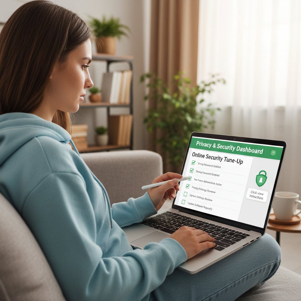 Młoda kobieta sprawdzająca ustawienia bezpieczeństwa na swoim laptopie