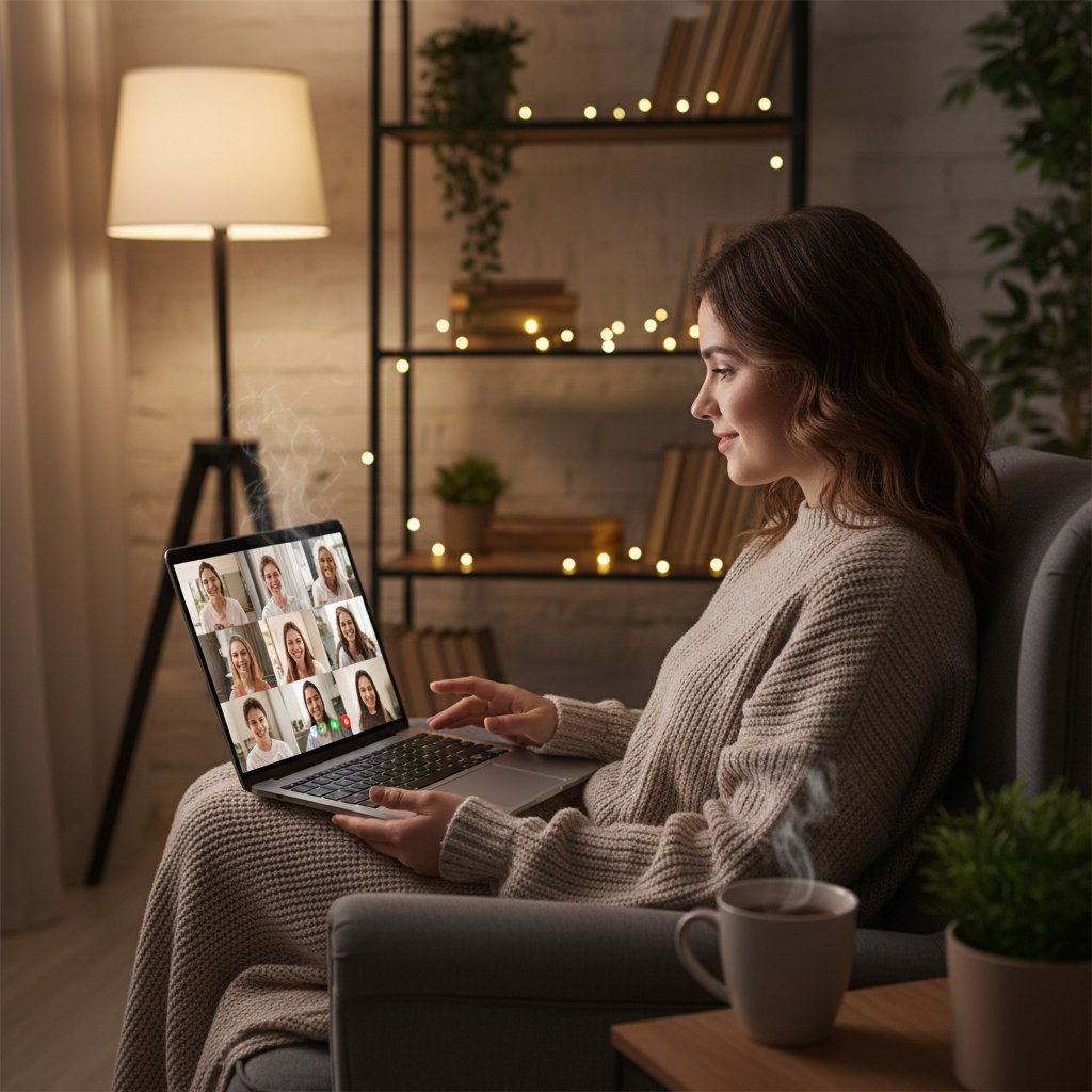 Młoda kobieta komunikuje się przez laptop z internetową grupą wsparcia PKU, wieczór, ciepłe światło