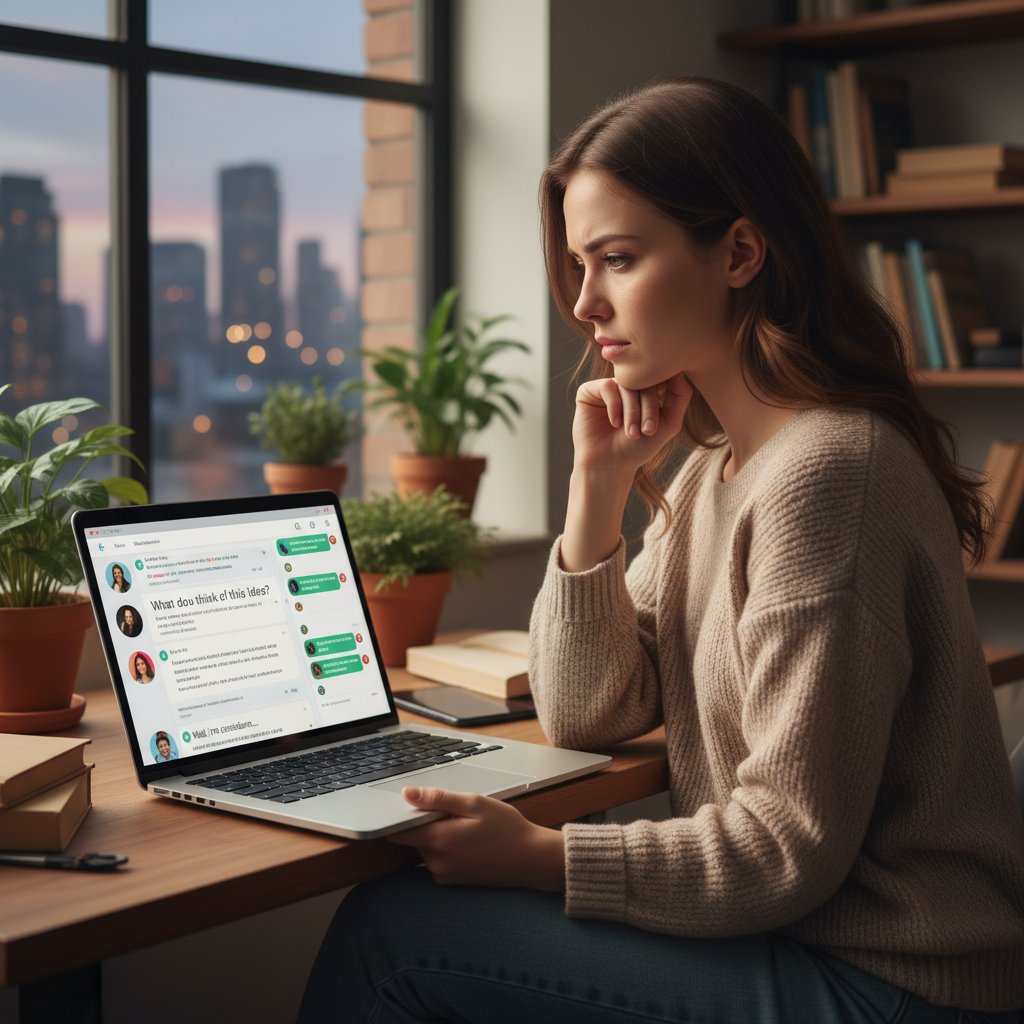 Młoda kobieta zamyślona przy laptopie, atmosfera refleksji i wsparcia online