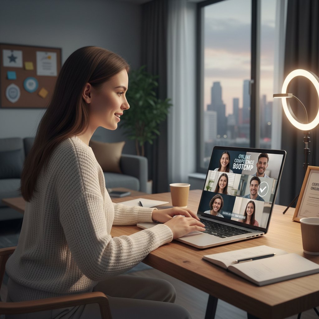 Junge Frau am Laptop, lächelt während einer virtuellen Gruppenrunde – Erfolg durch Online-Kompetenz-Training