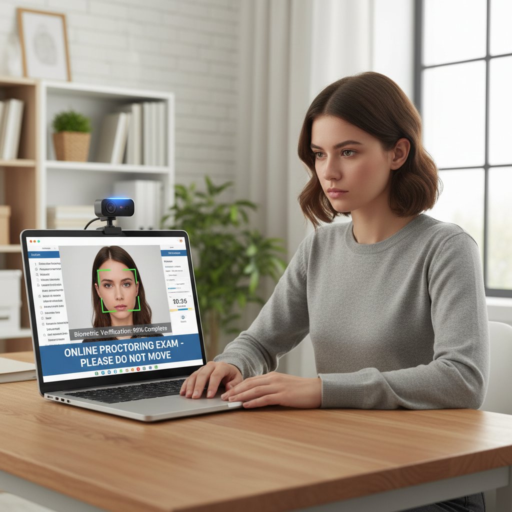 Studentka przy laptopie egzamin online, kamera zbliżenie, wykrywanie oszustw, biometryczna weryfikacja