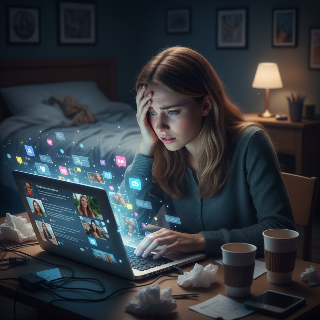 Młoda kobieta siedząca przed laptopem, widoczne napięcie emocjonalne podczas scrollowania social mediów