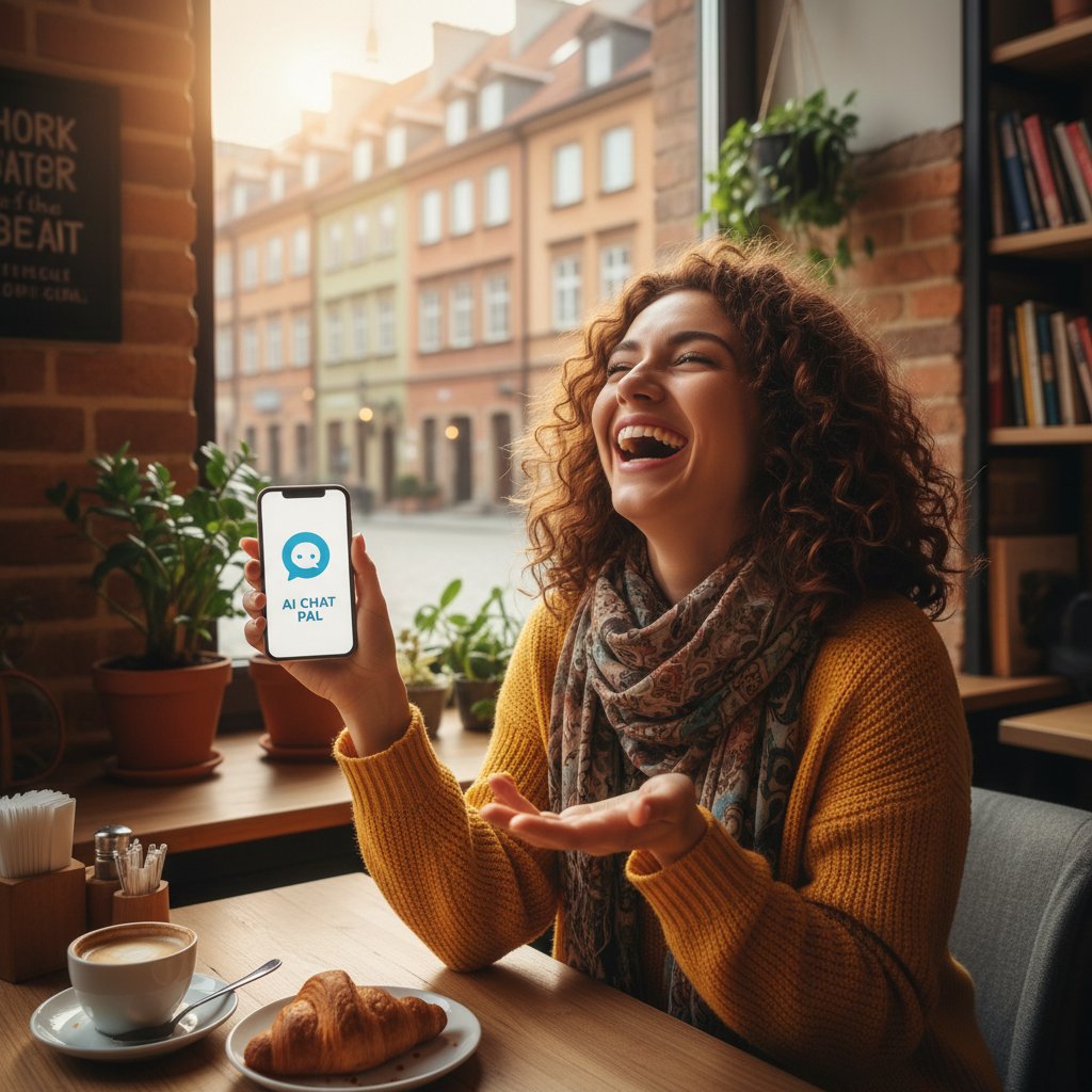 Użytkowniczka korzysta z chatbota AI w warszawskiej kawiarni, uśmiechnięta, smartfon