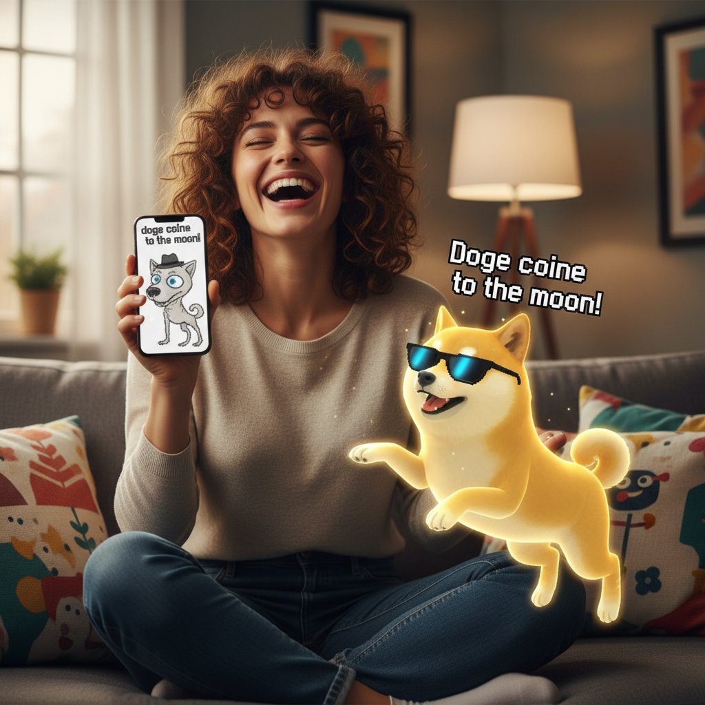 Młoda kobieta śmiejąca się z memu z wirtualnym psem na smartfonie