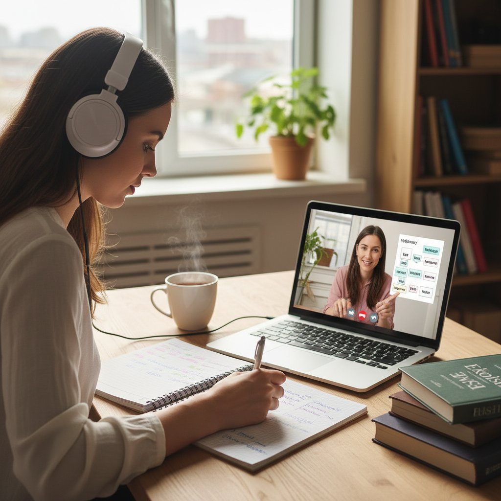 Młoda kobieta ucząca się angielskiego przez internet, notatnik, słuchawki, zdjęcie z góry, atmosfera skupienia