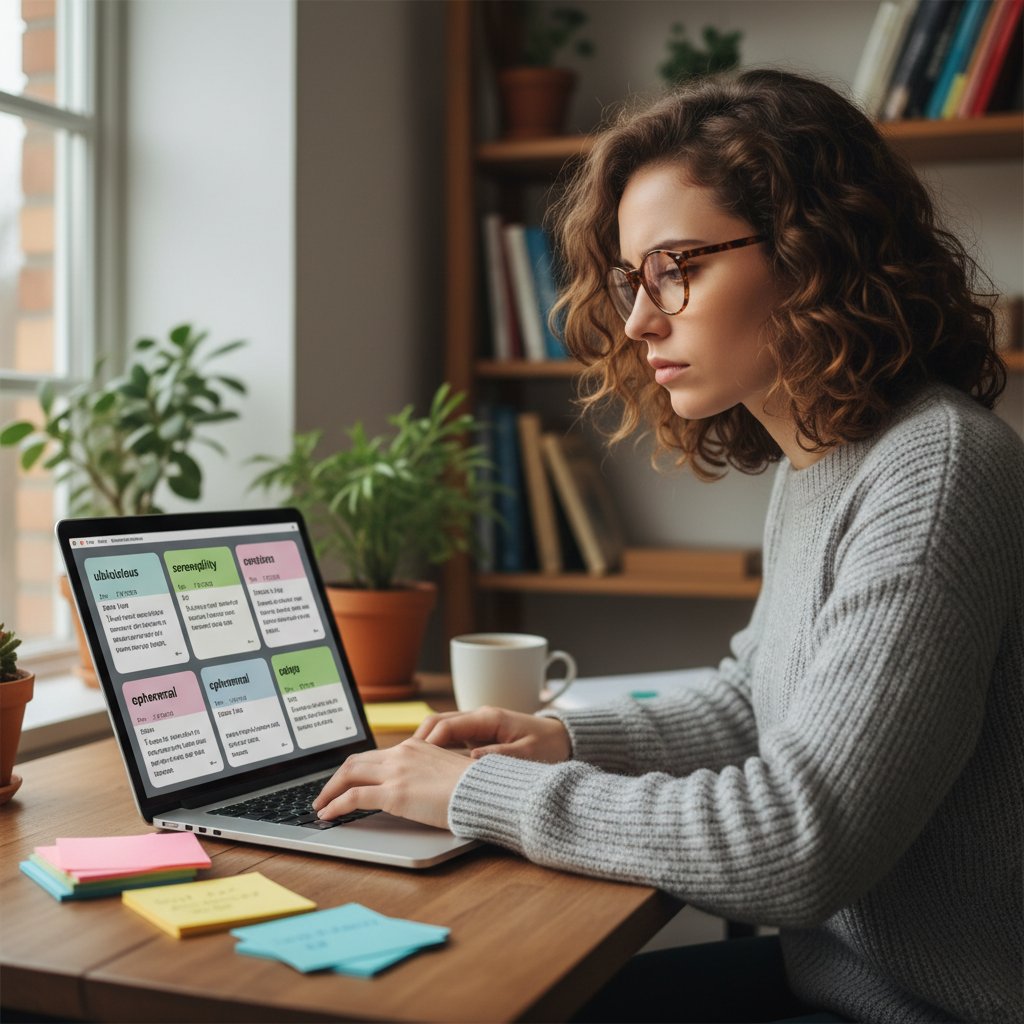 Młoda kobieta powtarzająca słówka angielskie online, na ekranie pojawiają się przykłady zdań; atmosfera skupienia