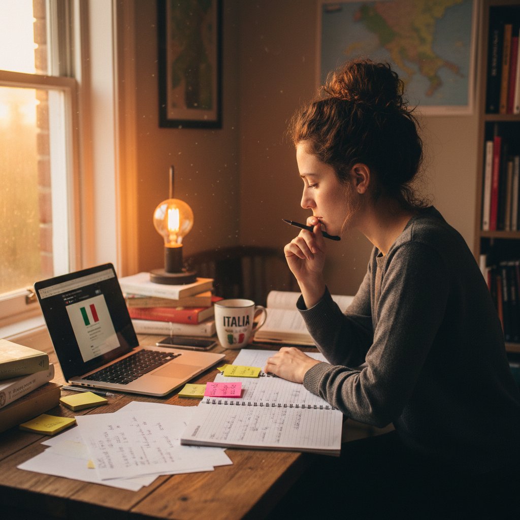 Młoda kobieta ucząca się włoskiego przy biurku, notatki, laptop, wieczorne światło
