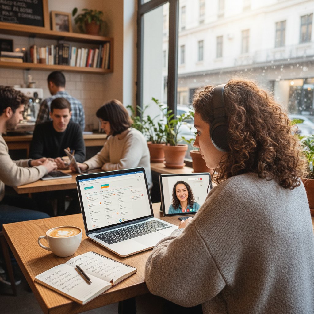 Młoda kobieta uczy się hiszpańskiego online na laptopie w kawiarni, z notatnikiem i słuchawkami
