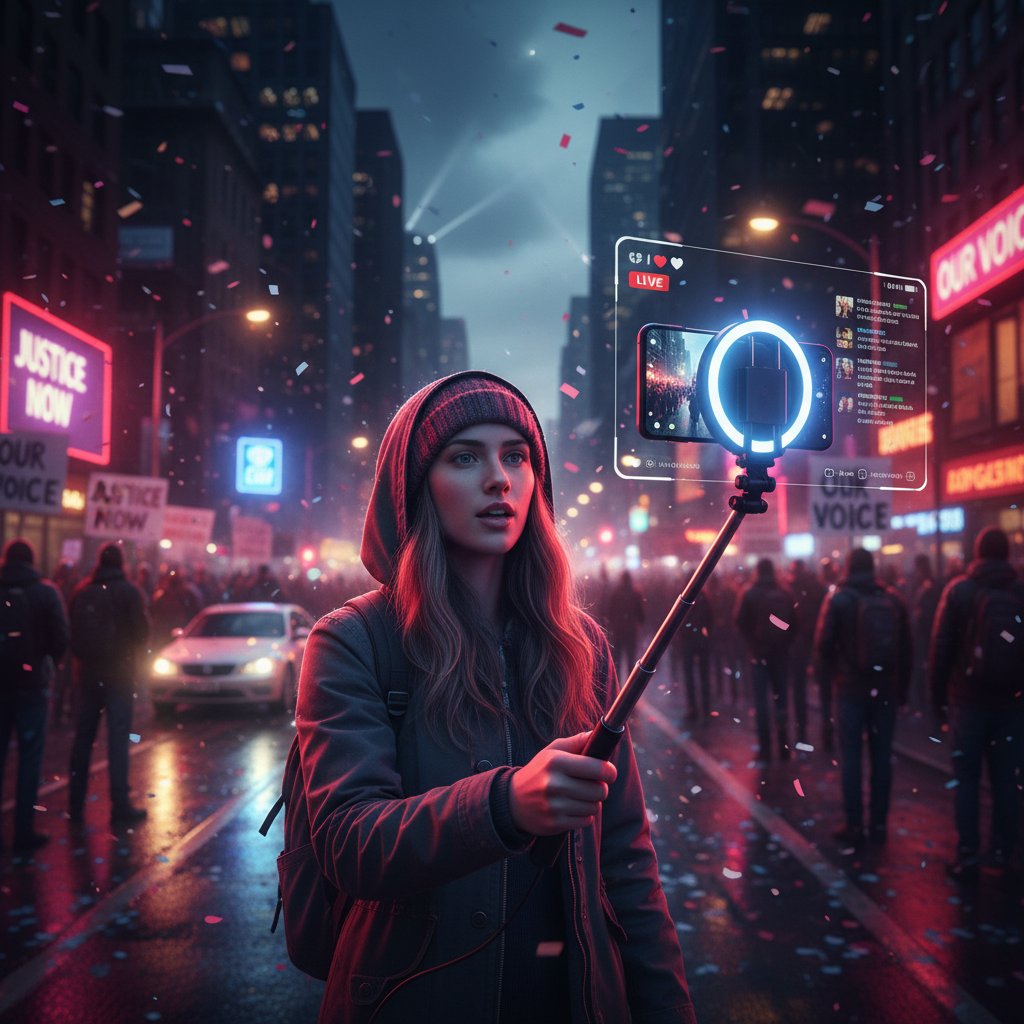 Młoda kobieta z telefonem nagrywająca protest na żywo w social media, dynamiczne światło, miasto nocą