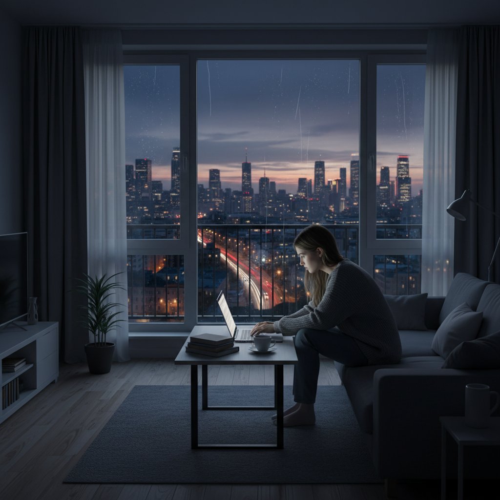 Młoda kobieta siedząca samotnie w mieszkaniu, światło laptopa rozjaśnia jej twarz – ilustracja samotności we współczesnym świecie