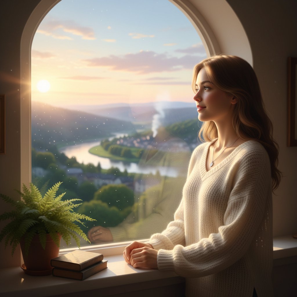 Młoda kobieta patrząca w okno, z widoczną nadzieją i ulga po przezwyciężeniu lęku