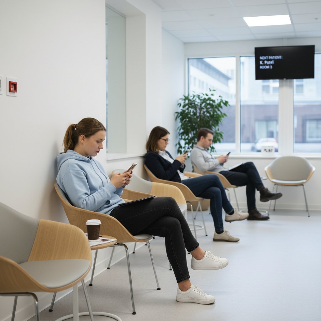 Młoda kobieta w poczekalni laboratorium medycznego, patrząca na telefon, atmosfera oczekiwania