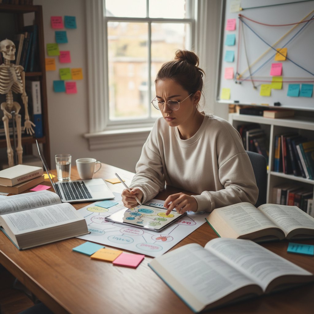 Studentka medycyny stosująca techniki zapamiętywania, otoczona podręcznikami