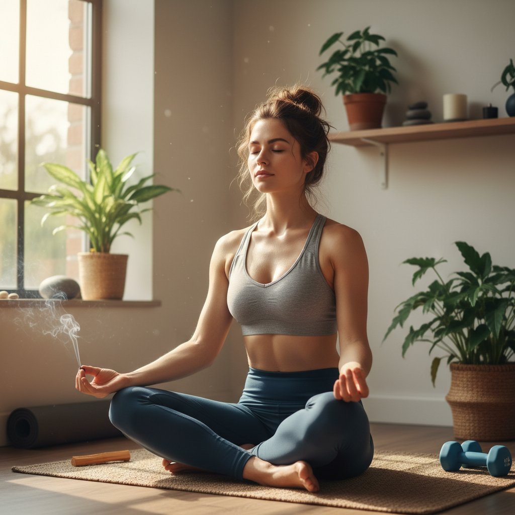 Młoda kobieta medytuje po treningu, poczucie spokoju i satysfakcji, domowe studio