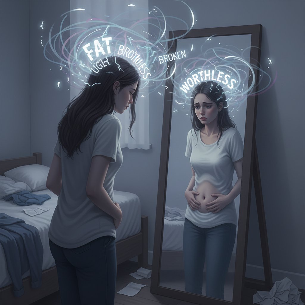 Młoda kobieta patrząca w lustro, wyrażająca niepokój i trudności z akceptacją własnego ciała, temat: psychologiczne przyczyny anorgazmii