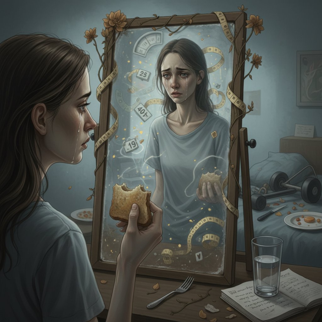 Młoda kobieta patrząca w lustro, widoczny smutek i zamyślenie, obrazujące codzienność z anoreksją nervosa