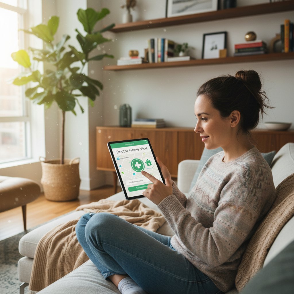 Młoda kobieta zamawia wizytę domową przez aplikację mobilną na kanapie