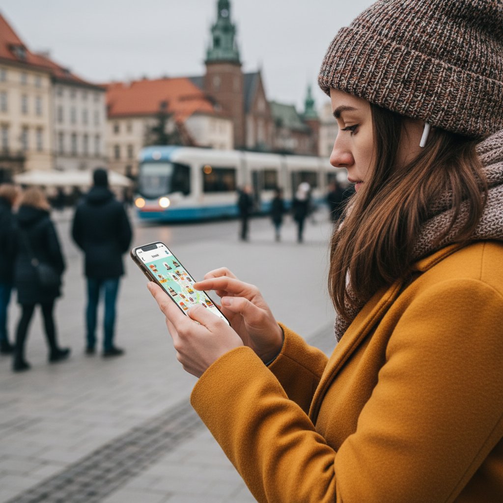 Młoda Polka skupiona na poznawaniu nowych funkcji aplikacji mobilnej, w otoczeniu innych użytkowników smartfonów